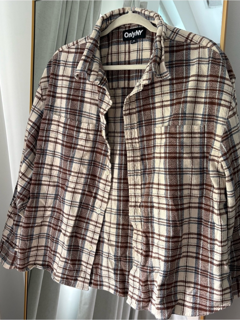 Only NY Plaid Flannel Shirt Jacket in Cream, Brown & Blue XL